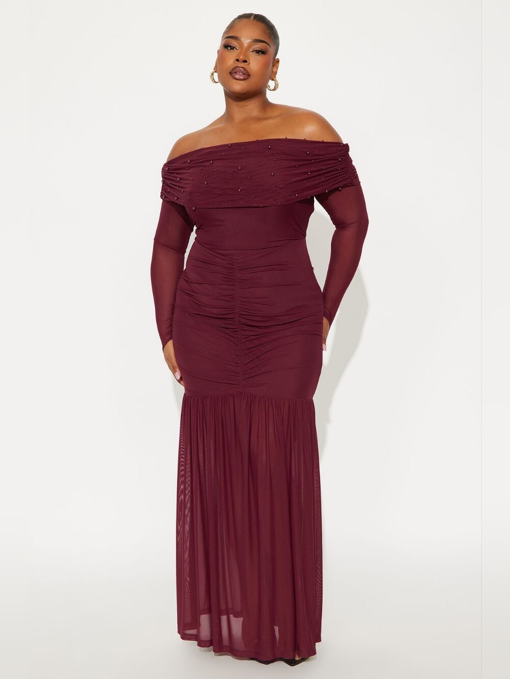 Fashion Nova Off-Shoulder Burgundy Evening Dress